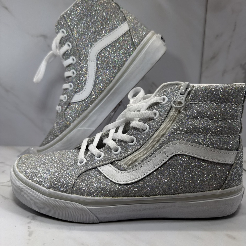 RARE✨Zip-Up✨VANS✨ Girls‎ SK8-HI✨Silver Glitter✨ Size 3✨Sparkle